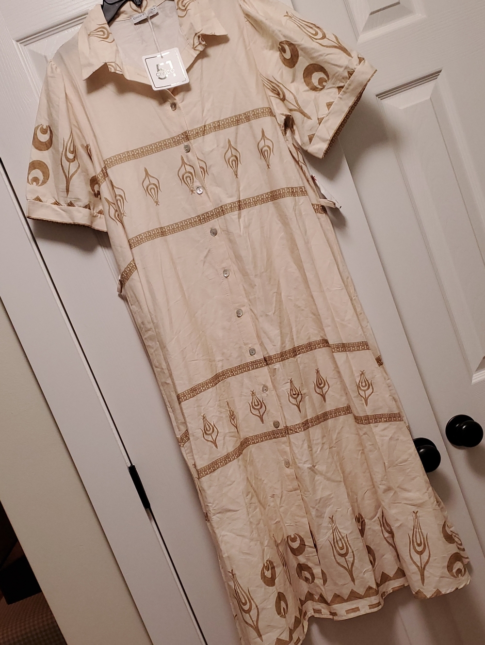 Beige Printed Button-Front Maxi 100% Cotton Dress Size Medium Made In Italy